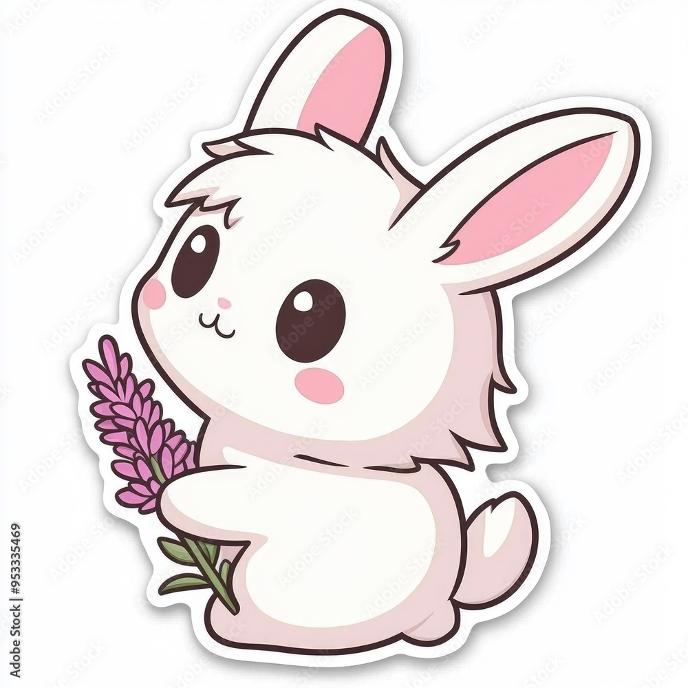 Cute Cartoon Bunny Holding Lavender Flowers