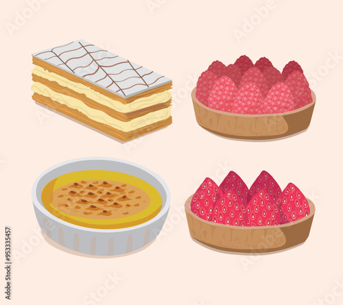 Set of French desserts, millefeuille, raspberry tarte, strawberry tarte, crème brûlée. French pastry. Simple design, vector illustration.
