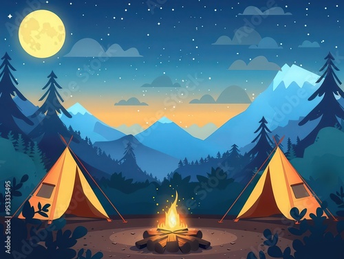 Camping scene, tents and campfire, flat design illustration photo