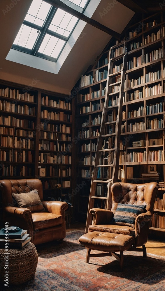A cozy home library with floor-to-ceiling bookshelves, a ladder, and a comfortable reading chair draped with a cozy blanket. A cozy home library with floor-to-ceiling bookshelves, a ladder, and a comfortable reading chair draped with a cozy blanket.