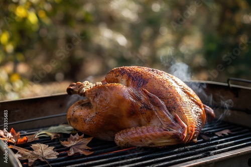 Whole smoked turkey is being cooked on a grill outside during the day, smoke is coming from the perfectly cooked turkey photo