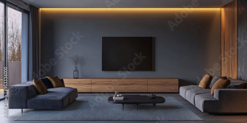 Modern minimalist living room interior with futuristic led warm hue lighting