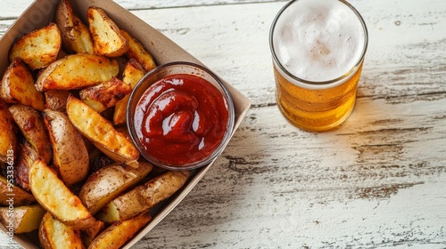 BBQ wedges with sauce and a cold beer. photo