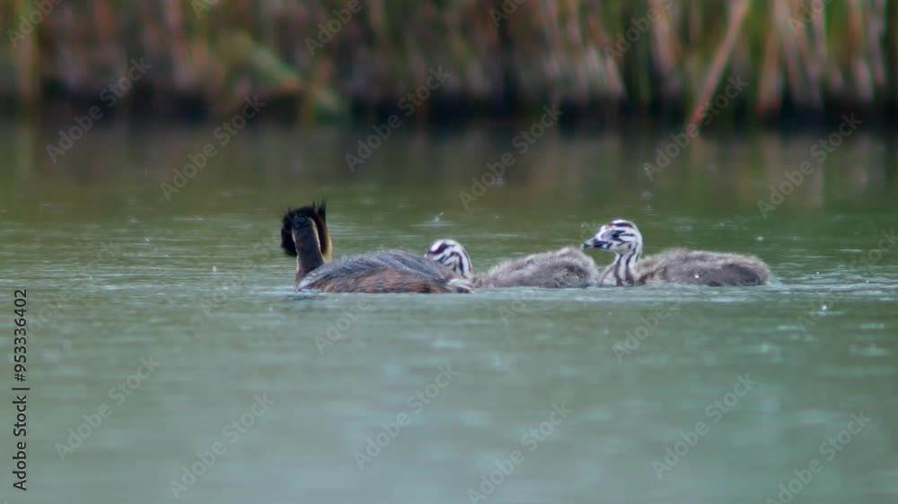 a beautiful Great Crested Grebe (Podiceps cristatus) family with young chicks swims on a reflective lake on a sunny summer morning in Magdeburg - Saxony Anhalt - Germany - Europe a beautiful Great Crested Grebe (Podiceps cristatus) family with young chicks swims on a reflective lake on a sunny summer morning in Magdeburg - Saxony Anhalt - Germany - Europe