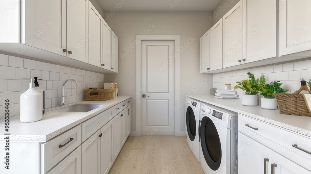 Bright laundry room with white cabinets and green plants, Laundry room, Fresh and inviting home space Bright laundry room with white cabinets and green plants, Laundry room, Fresh and inviting home space