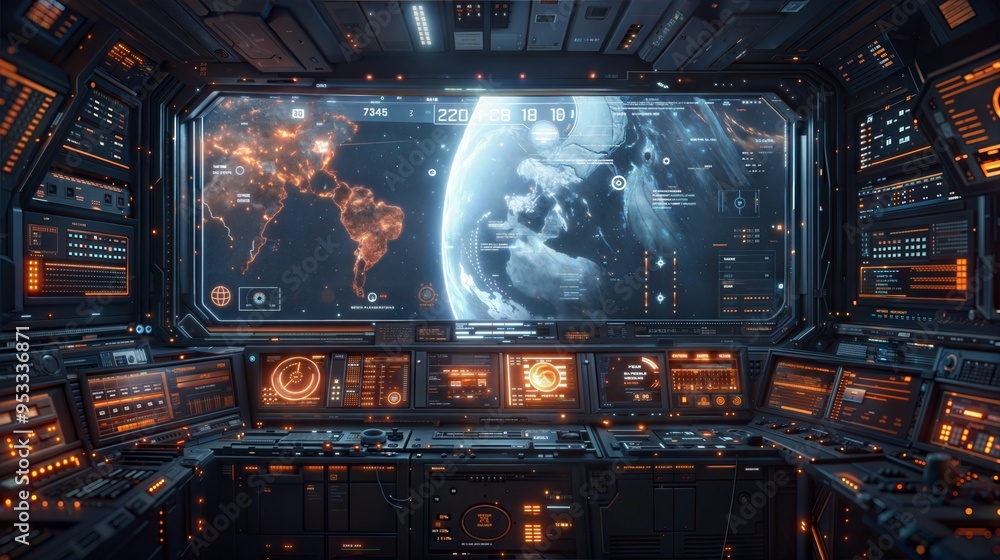 Futuristic Space Station Command Center Overlooking Earth with Digital Interfaces and Control Panels Futuristic Space Station Command Center Overlooking Earth with Digital Interfaces and Control Panels