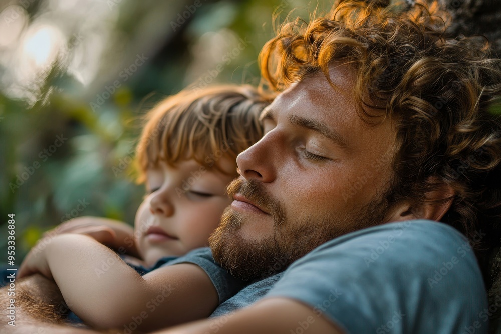 Dad and son resting outdoors, Generative AI Dad and son resting outdoors, Generative AI