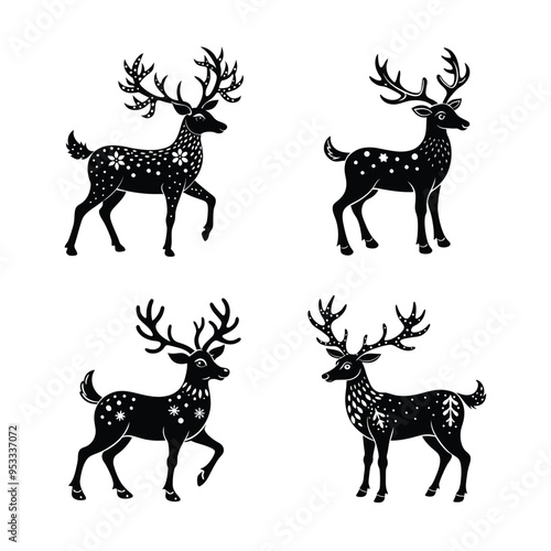 4 icon set of Christmas reindeer silhouette vector illustration on white background.