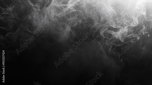 Abstract black background with white smoke and dark fog, creating an empty scene for product presentation or design overlay.