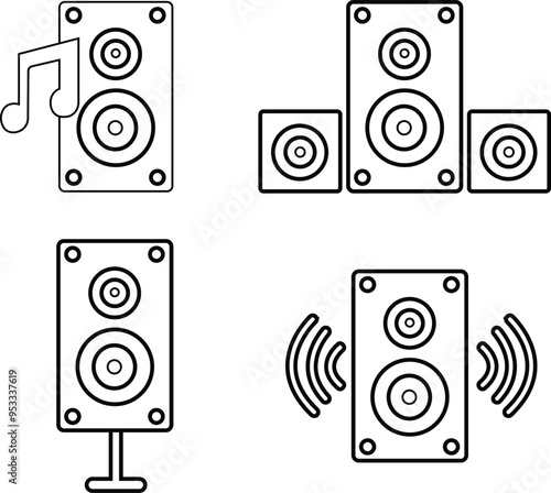 Set of sound speaker, acoustic audio for concert or home cinema stereo system isolated on transparent background. Loudspeaker Bluetooth music audio speaker box vectors symbols in black Outline styles.