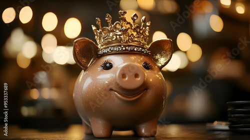 Piggy bank with a gold crow...