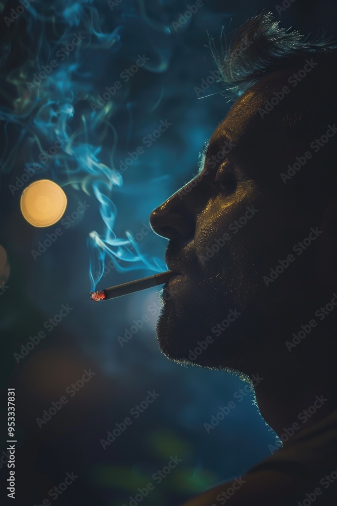 Fototapeta premium A person smoking in a dimly lit environment, often used for mood or atmosphere sets