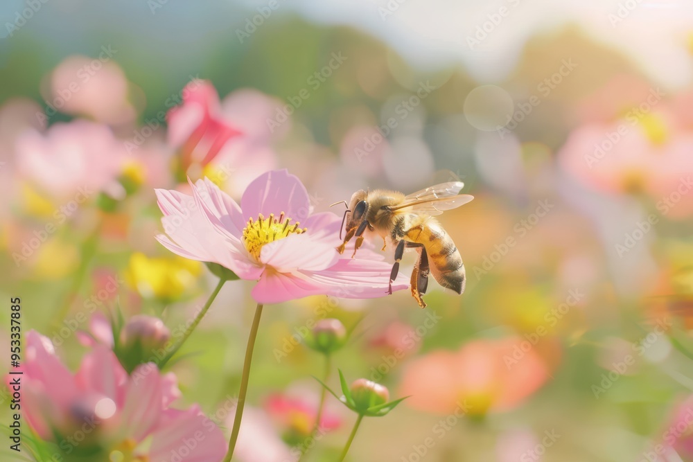 A bee collects nectar from a pink flower in a vibrant field, showcasing the beauty of nature and pollination in soft sunlight. A bee collects nectar from a pink flower in a vibrant field, showcasing the beauty of nature and pollination in soft sunlight.