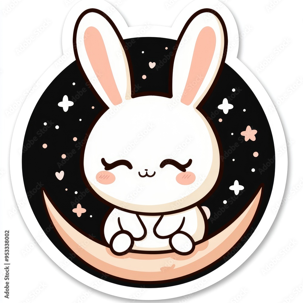 Obraz premium Cute Cartoon Bunny Rabbit Sitting on a Crescent Moon with Stars