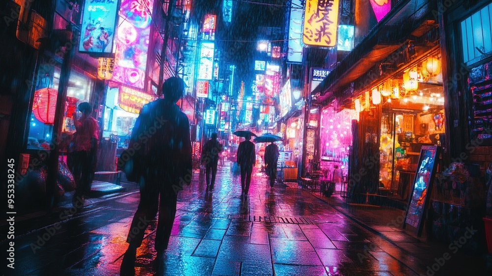 The image captures a vibrant and rainy urban street scene in an East Asian city at night. The street is bathed in the colorful glow of numerous neon signs in a variety of shapes and colors, including The image captures a vibrant and rainy urban street scene in an East Asian city at night. The street is bathed in the colorful glow of numerous neon signs in a variety of shapes and colors, including