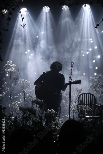 Intimate solo acoustic performance by a singer songwriter under striking nighttime stage lighting