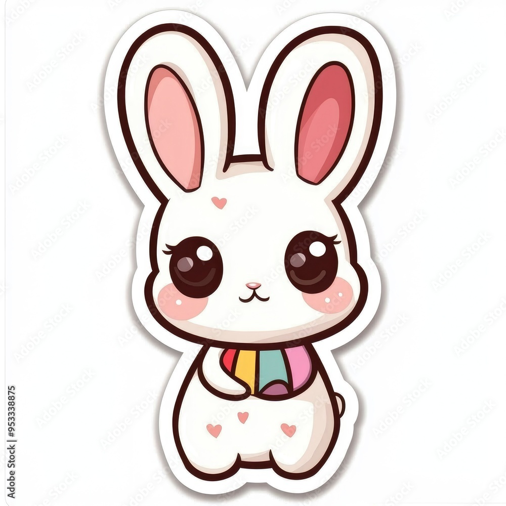 Obraz premium Cute Cartoon Bunny Rabbit with Big Eyes and Rainbow Ball