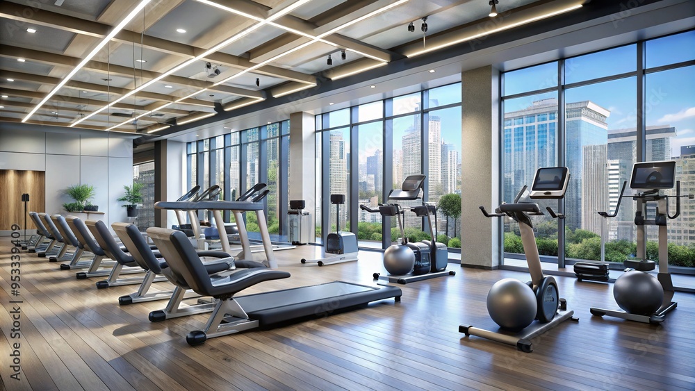 Modern exercise facility featuring a rows of sleek, high-tech cardio machines and strength training equipment with adjustable seats and futuristic LCD displays. Modern exercise facility featuring a rows of sleek, high-tech cardio machines and strength training equipment with adjustable seats and futuristic LCD displays.