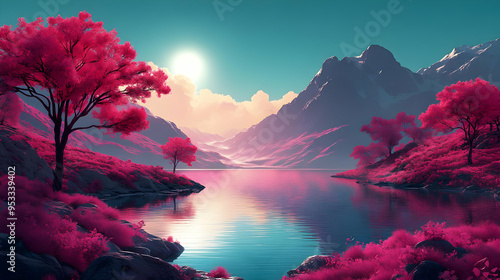 Pink trees on a mountain la...