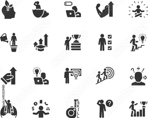 Vector set of personal growth flat icons. Contains icons upskill, career, newbie, burnout, skill improvement, efficiency, development, knowledge, education and more. Pixel perfect.