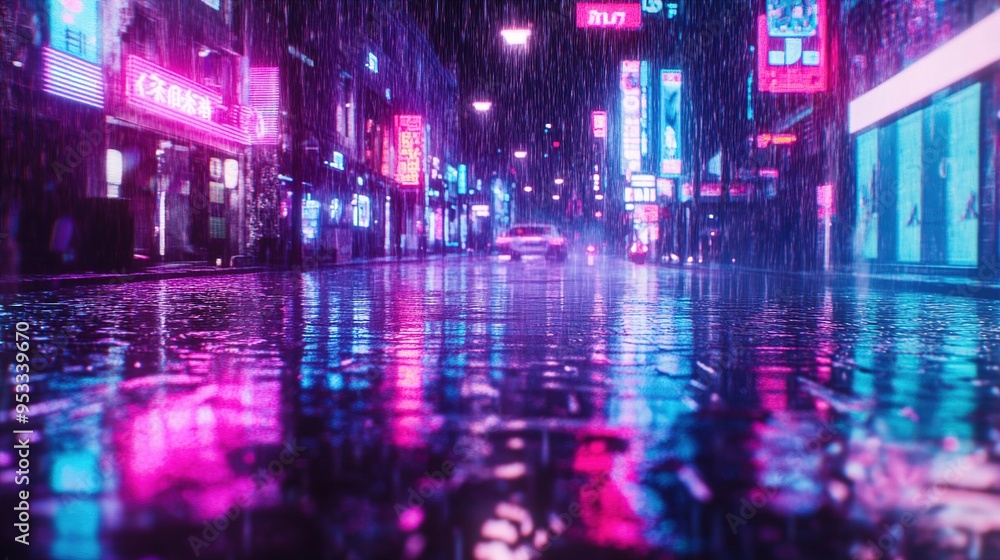 A vibrant urban street scene at night, illuminated by an array of neon signs in various colors including pink, blue, and purple. The street is wet from heavy rain, with reflections of the lights vivid A vibrant urban street scene at night, illuminated by an array of neon signs in various colors including pink, blue, and purple. The street is wet from heavy rain, with reflections of the lights vivid