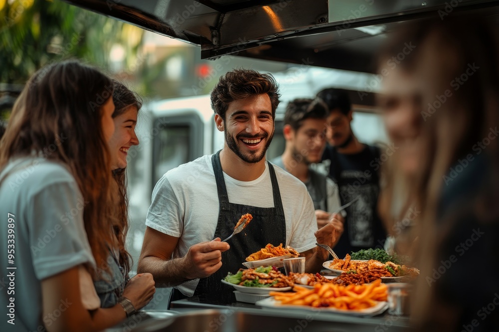 multiethnic young people having fun while eating in front of modified truck for mobile fast food service, Generative AI multiethnic young people having fun while eating in front of modified truck for mobile fast food service, Generative AI