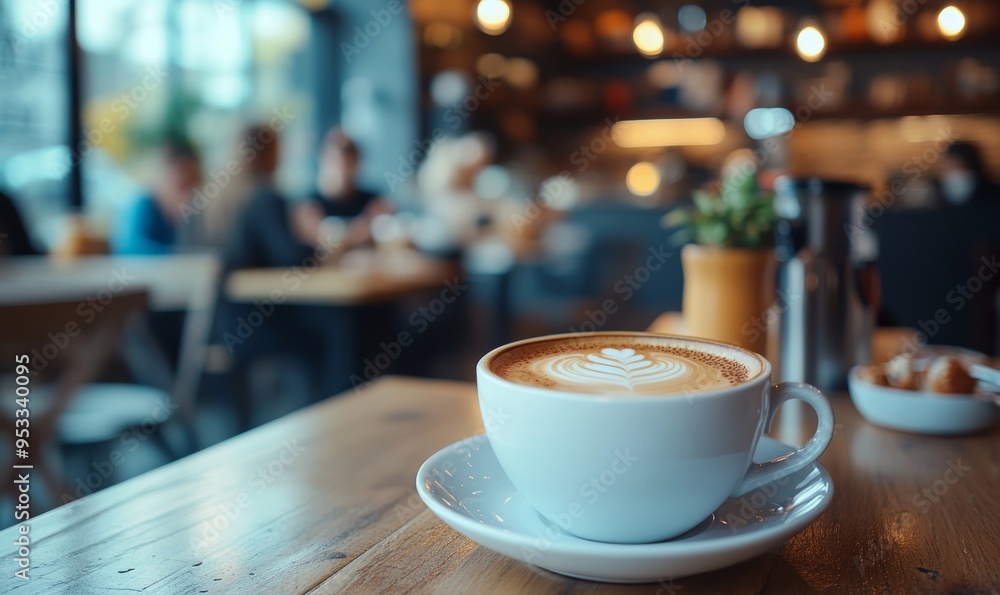 close up shoot of cup of coffee. people eating in blurred background, Generative AI close up shoot of cup of coffee. people eating in blurred background, Generative AI