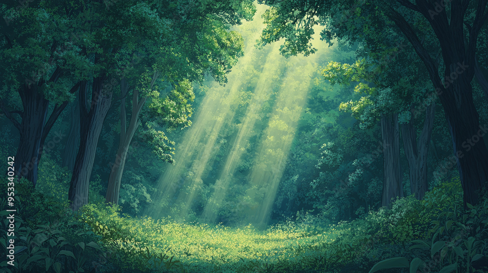 Obraz premium Sunlight Through Trees in a Lush Green Forest - Cartoon and Anime Landscape