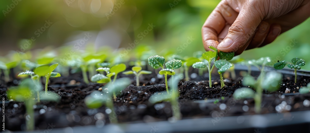 A hand gently tends to young seedlings in healthy soil, symbolizing growth, nurturing, and the joy of gardening. A hand gently tends to young seedlings in healthy soil, symbolizing growth, nurturing, and the joy of gardening.