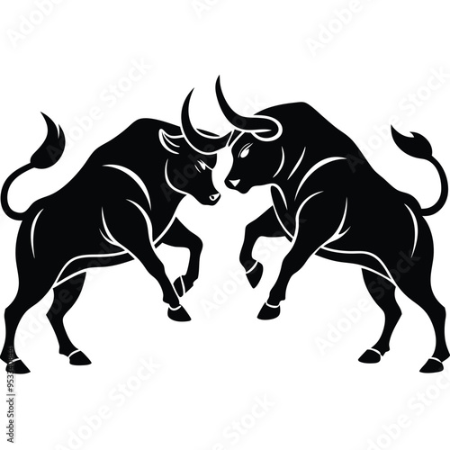 Black silhouette of two bulls fighting with locked horns in symmetrical minimalist design