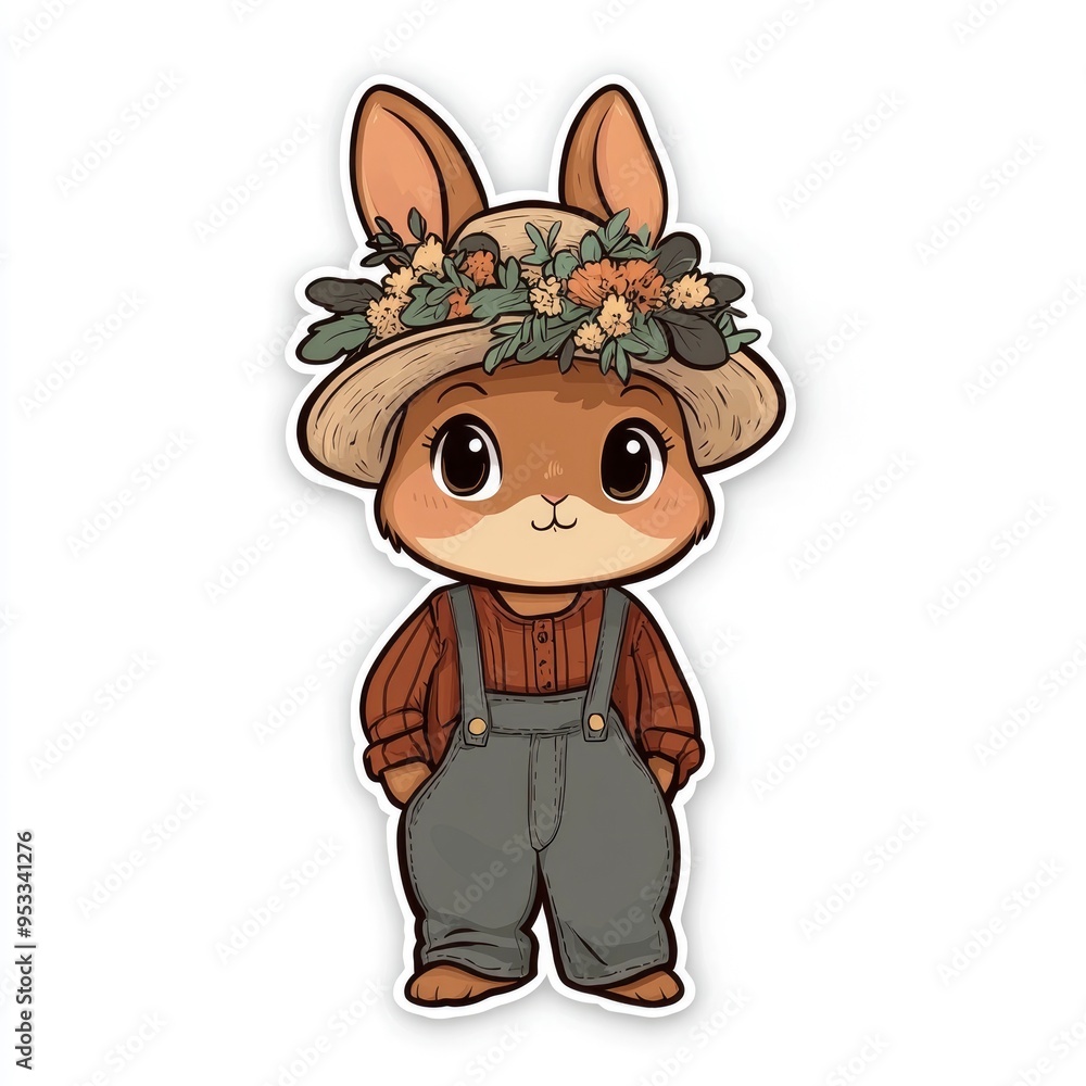 Naklejka premium Cute Cartoon Rabbit in a Hat and Overalls