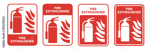 Fire extinguisher sign. Firefighters tools for flame fighting symbol, logo, badge, icon, sticker, label, emblem, stamp, red, line, flat vector, isolated illustration.