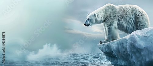 A majestic polar bear standing on an ice floe, gazing over a serene, icy ocean, capturing the beauty of Arctic wildlife. photo