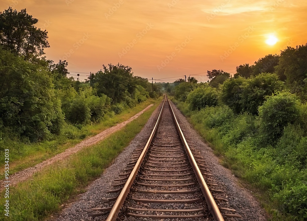 The sun is slowly setting behind the distant train tracks in view The sun is slowly setting behind the distant train tracks in view