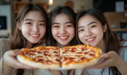 Happy Asian Three young female friends eating pizza party at home, Generative AI