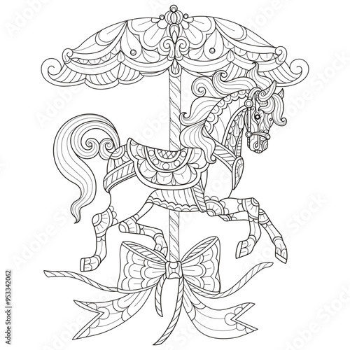 Carousel hand drawn for adult coloring book