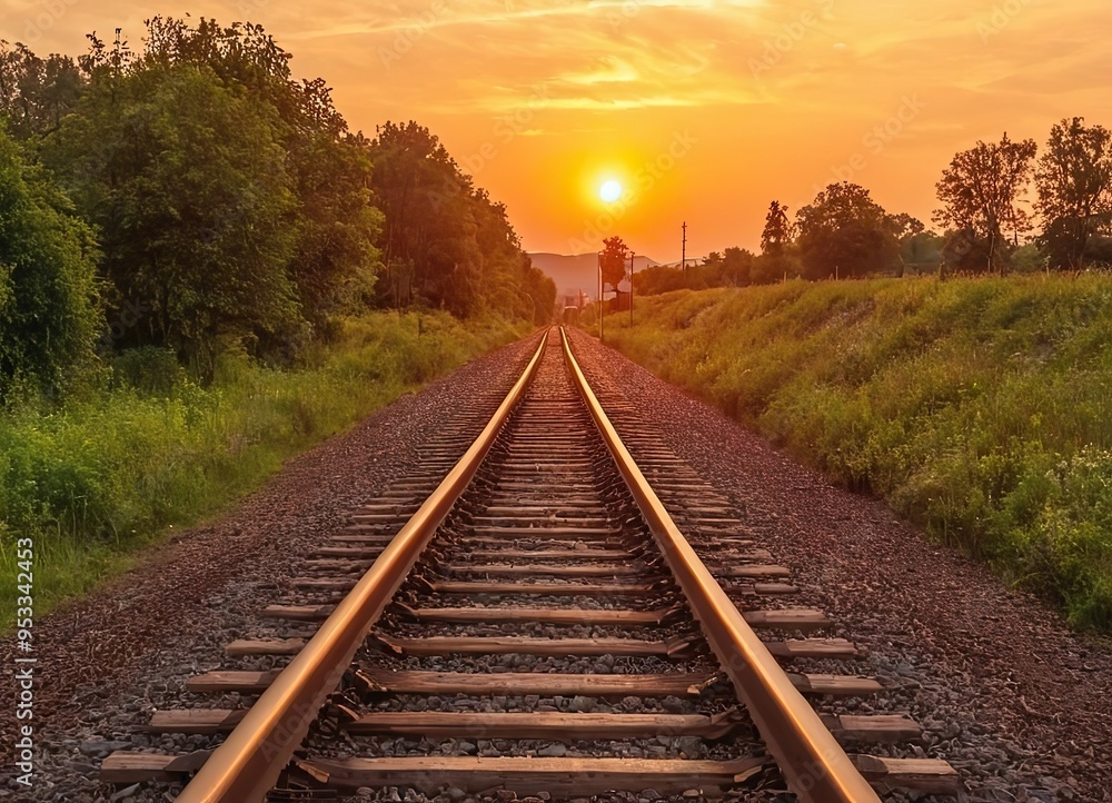 The sun is slowly setting behind the distant train tracks in view The sun is slowly setting behind the distant train tracks in view