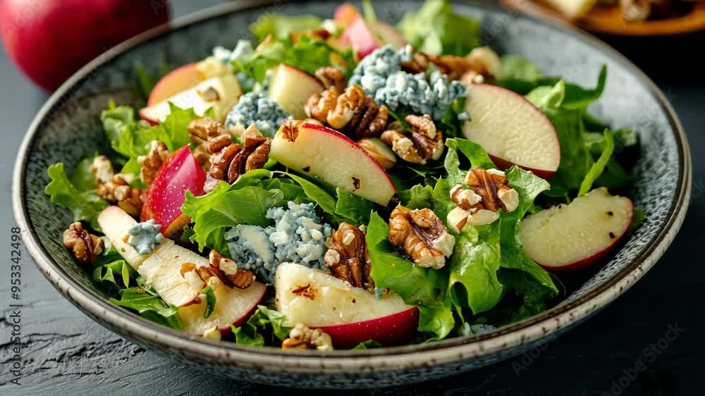 Fresh apple and blue cheese salad with pecans beautifully arranged in a bowl on a rustic table Fresh apple and blue cheese salad with pecans beautifully arranged in a bowl on a rustic table