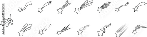 Shooting stars icons Set in Outline styles. Meteorite and comet symbols. Flying comet with tail, falling meteor, abstract galaxy element on transparent background. Star trail vector illustration sign.