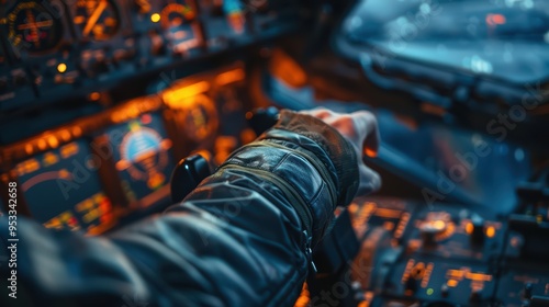 A pilot's hand on the control panel of an aircraft, showcasing advanced technology and cockpit design in a dynamic environment. photo