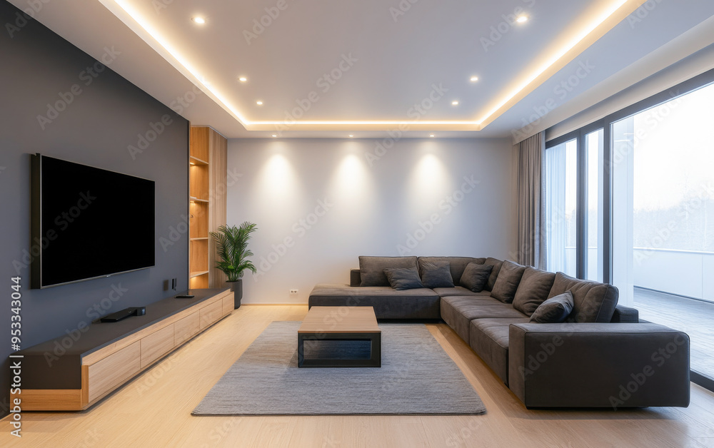 Modern minimalist living room interior with led lighting and elegant furniture Modern minimalist living room interior with led lighting and elegant furniture