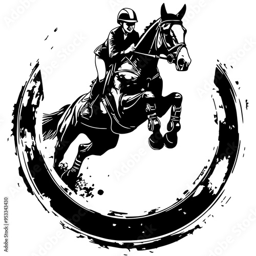 A dynamic vector logo depicting a female equestrian athlete in mid-jump on horseback, representing the sport of horse jumping, ideal for equestrian brands and gear.