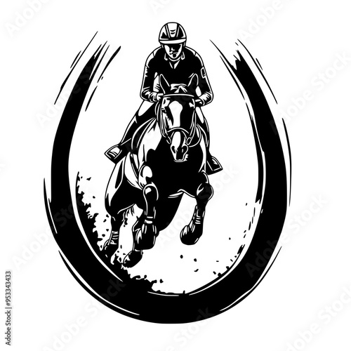 A dynamic vector logo depicting a female equestrian athlete in mid-jump on horseback, representing the sport of horse jumping, ideal for equestrian brands and gear.