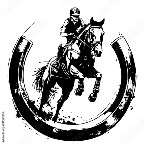 A dynamic vector logo depicting a female equestrian athlete in mid-jump on horseback, representing the sport of horse jumping, ideal for equestrian brands and gear.