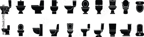 Set of Toilet icons bowl sanitary clean silhouette ware vectors bathroom in black flat styles. Bidet toilet flush WC icon for website design isolated on transparent background. furniture for bathroom.
