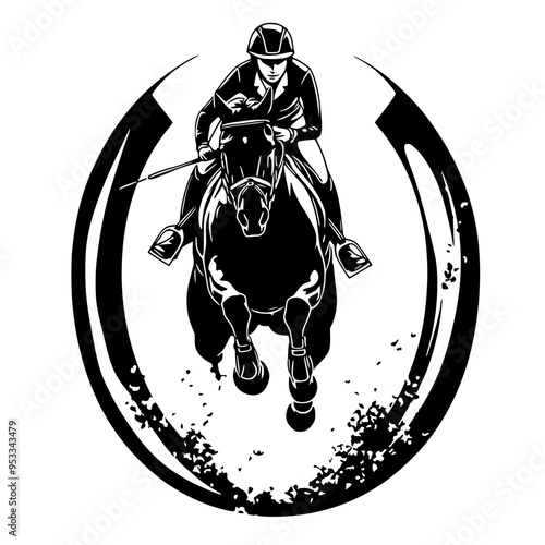A dynamic vector logo depicting a female equestrian athlete in mid-jump on horseback, representing the sport of horse jumping, ideal for equestrian brands and gear.