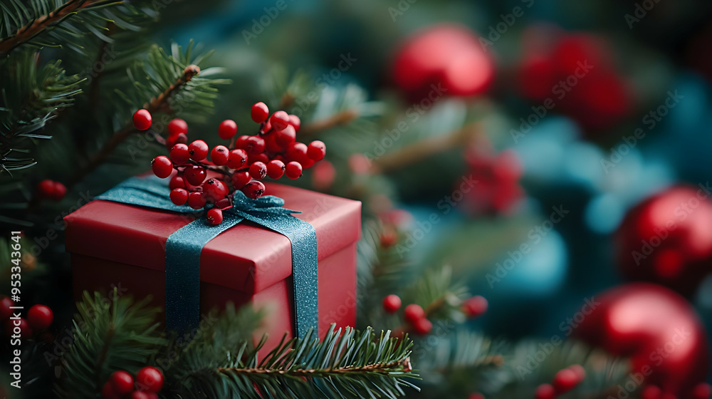 Red gift box with blue ribbon and holly berries on evergreen tree branches. Red gift box with blue ribbon and holly berries on evergreen tree branches.