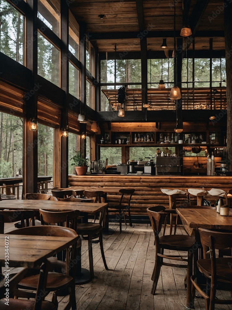 A forest cafe with wooden interiors, creating a rustic yet cozy ambiance among the trees. A forest cafe with wooden interiors, creating a rustic yet cozy ambiance among the trees.