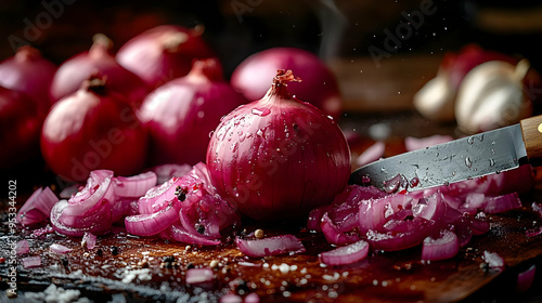 Red onion slices, whole red onions, and a knife on a wooden cutting board. photo