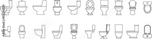 Set of Toilet icons bowl sanitary clean silhouette ware vectors bathroom in black Outline styles. Bidet toilet flush WC for websites designs isolated on transparent background. furniture for bathroom.